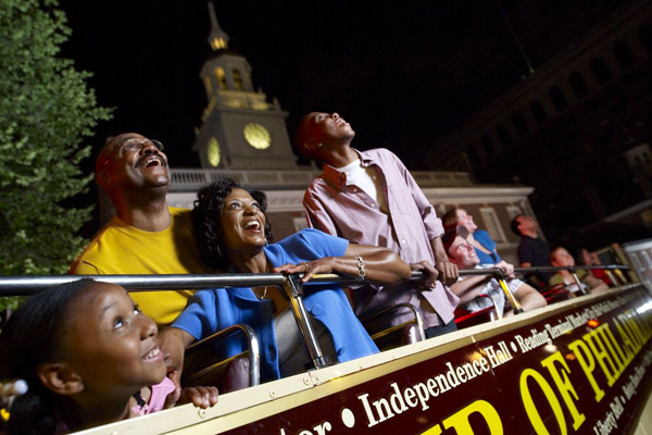 The Philly By Night tour rides past Independence Hall.